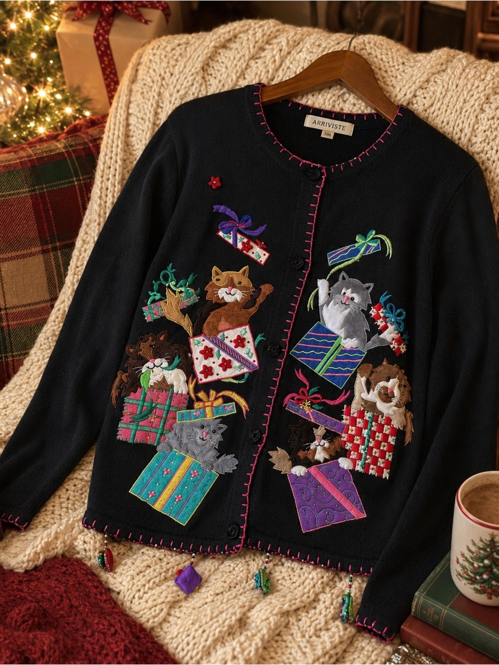 Arriviste Cat Christmas Sweater M Black Beaded Kitten Gift Holiday Cardigan VTG